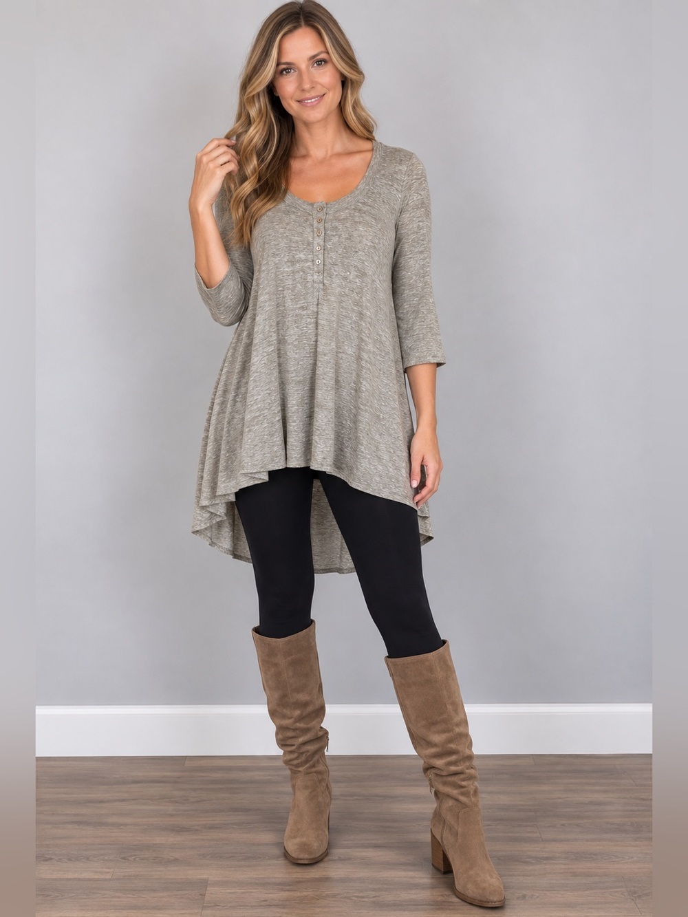 Free People Gray Heather Henley Tunic Dress High Low 3/4 Sleeve Boho